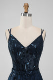 Navy A Line Spaghetti Straps Sparkly Sequins Mini Dress