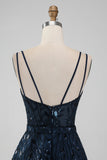 Navy A Line Spaghetti Straps Sparkly Sequins Mini Dress