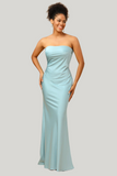 Grey Blue Satin Strapless Floor Length Dress