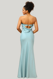 Grey Blue Satin Strapless Floor Length Dress