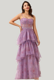 Purple Tulle Spaghetti Straps Corset Maxi Dress