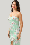 Sheath Strapless Light Green Floral Printed Asymmetrical Dress