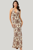 Mermaid Printed Brown Halter Backless Floor Length Dress