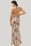 Mermaid Printed Brown Halter Backless Floor Length Dress