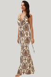 Mermaid Printed Brown Halter Backless Floor Length Dress