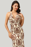 Mermaid Printed Brown Halter Backless Floor Length Dress