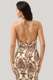 Mermaid Printed Brown Halter Backless Floor Length Dress