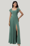 A-Line Eucalyptus Square Neck Ruffles Floor Length Dress with Slit