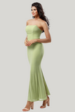 Strapless Mermaid Lemon Green Tea Length Dress with Slit