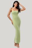 Strapless Mermaid Lemon Green Tea Length Dress with Slit