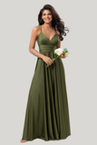 A Line Spaghetti Straps Olive Floor Length Wedding Party Dress with Ruffles