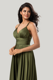 A Line Spaghetti Straps Olive Floor Length Wedding Party Dress with Ruffles