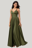 A Line Spaghetti Straps Olive Floor Length Wedding Party Dress with Ruffles