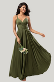 A Line Spaghetti Straps Olive Floor Length Wedding Party Dress with Ruffles