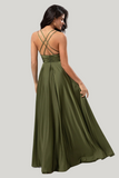 A Line Spaghetti Straps Olive Floor Length Wedding Party Dress with Ruffles