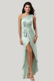 One Shoulder Matcha Slit Asymmetrical Dress with Ruffles