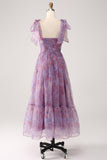 Purple Printed A Line Pleated Tea Length Dress