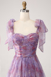 Purple Printed A Line Pleated Tea Length Dress