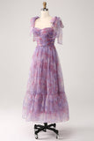 Purple Printed A Line Pleated Tea Length Dress