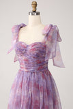 Purple Printed A Line Pleated Tea Length Dress