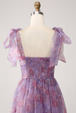 Purple Printed A Line Pleated Tea Length Dress