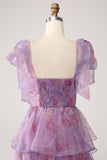 A Line Tiered Purple Printed Tea-Length Dress