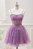 Cute Purple A Line Spaghetti Straps Floral Corset Mini Dress