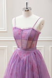 Cute Purple A Line Spaghetti Straps Floral Corset Mini Dress