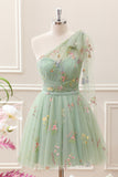 Cute Light Green A Line Tulle One Shoulder Floral Embroidery Mini Dress