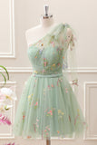 Cute Light Green A Line Tulle One Shoulder Floral Embroidery Mini Dress