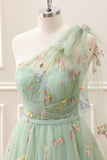 Cute Light Green A Line Tulle One Shoulder Floral Embroidery Mini Dress