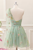 Cute Light Green A Line Tulle One Shoulder Floral Embroidery Mini Dress