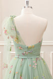 Cute Light Green A Line Tulle One Shoulder Floral Embroidery Mini Dress