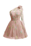 Cute Light Green A Line Tulle One Shoulder Floral Embroidery Mini Dress