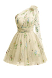 Cute Light Green A Line Tulle One Shoulder Floral Embroidery Mini Dress