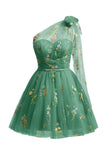 Cute Light Green A Line Tulle One Shoulder Floral Embroidery Mini Dress