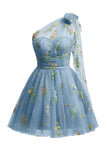 Cute Light Green A Line Tulle One Shoulder Floral Embroidery Mini Dress