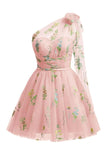 Cute Light Green A Line Tulle One Shoulder Floral Embroidery Mini Dress