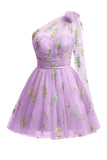 Cute Light Green A Line Tulle One Shoulder Floral Embroidery Mini Dress