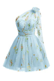 Cute Light Green A Line Tulle One Shoulder Floral Embroidery Mini Dress