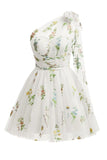 Cute Light Green A Line Tulle One Shoulder Floral Embroidery Mini Dress