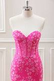 Fuchsia Corset Sequins Sweetheart Floral Appliques Mini Dress with Lace-up Back