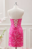 Fuchsia Corset Sequins Sweetheart Floral Appliques Mini Dress with Lace-up Back