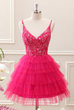 Fuchsia A Line Spaghetti Straps Corset Tiered Tulle Sequined Mini Dress