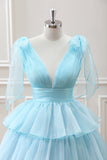 Cute Light Blue A Line V Neck Pleated Tiered Mini Dress