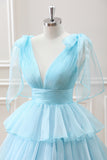 Cute Light Blue A Line V Neck Pleated Tiered Mini Dress