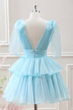 Cute Light Blue A Line V Neck Pleated Tiered Mini Dress