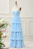 A Line Strapless Sky Blue Sweetheart Maxi Dress with Pleated