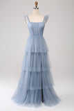 Dusty Blue A Line Tiered Tulle Corset Maxi Dress with Slit