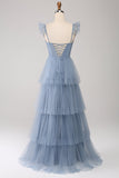 Dusty Blue A Line Tiered Tulle Corset Maxi Dress with Slit